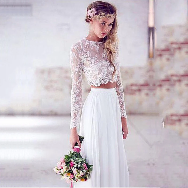 Top Trends: Chiffon Two Piece Wedding Dress 2023 Long Sleeves White Ivory Lace Beach Bridal Dress Boho Wedding Gowns Plus Size Shoppable Styles