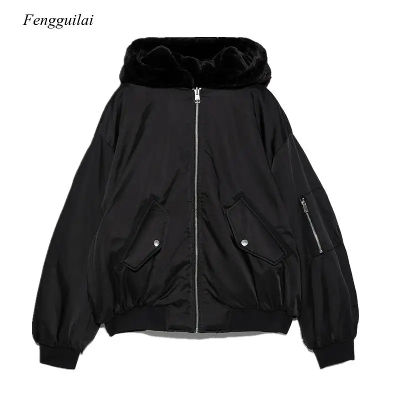 Top Trends: Ladies Reversible Hooded Jacket Faux Fur Fleece For Winter Womens Tops Bomber Jackets Coats Black Outwear With Long Sleeve Shoppable Styles - Image 3