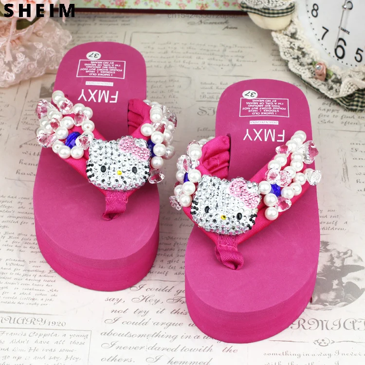 Top Trends: Kawaii Fashion Y2k Sanrio Diamond Hello Kitty Women's Slippers Beach Flip Flops Outdoor Sandals Woman 2021 Wedges Platform Woman Shoppable Styles