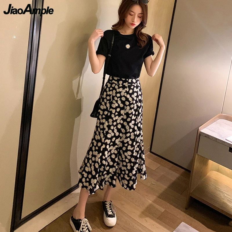 Top Trends: Summer Fashion Daisy T-shirt Dress Set Korean Graceful Women Sleeve Skirt Suit 2023 New Girls Date Clothing Sets Lady Black Tops Shoppable Styles