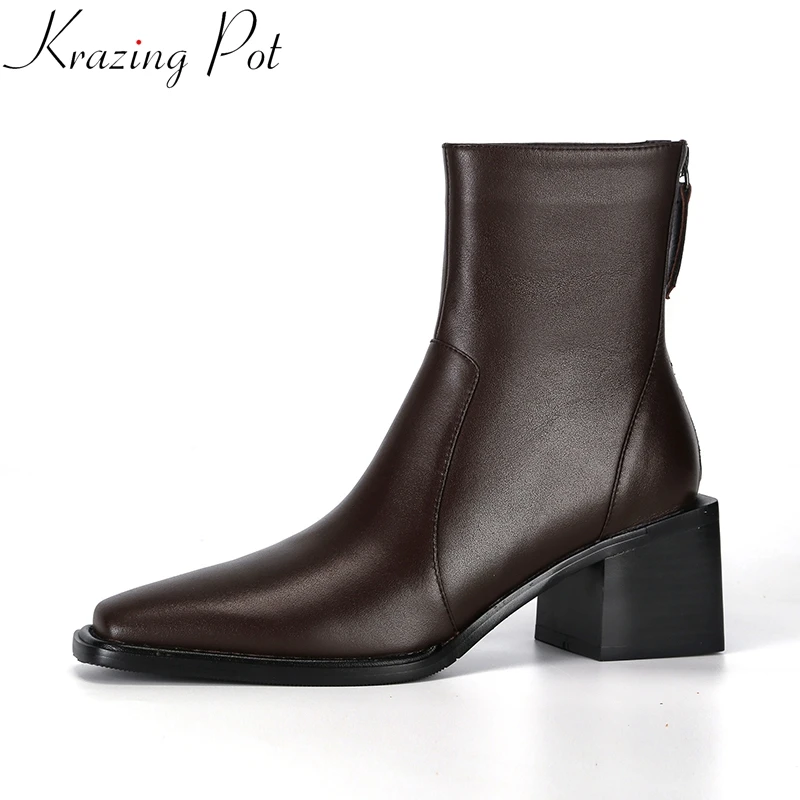 Top Trends: Krazing Pot Big Size 43 Cow Leather High Heels Winter Shoes Classics Chelsea Boots Square Toe Zipper Concise Dating Ankle Boots Shoppable Styles