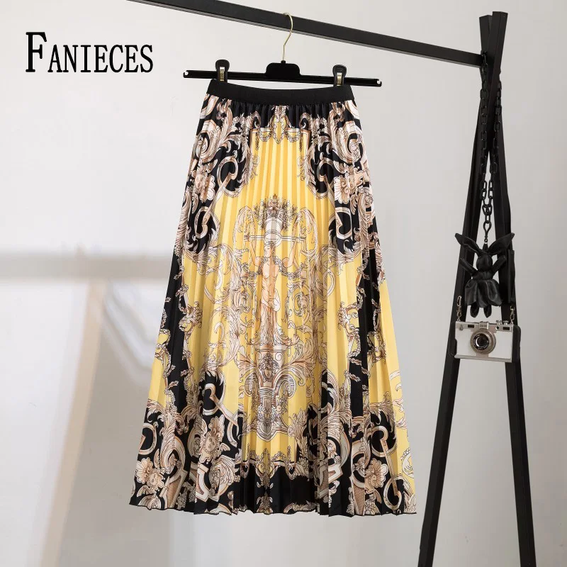 Top Trends: High Waist Pleated Harajuku Null Skirts Faldas Summer European Flower Printed Long Skirts For Women Mid-Calf Skirt Faldas Larga Shoppable Styles