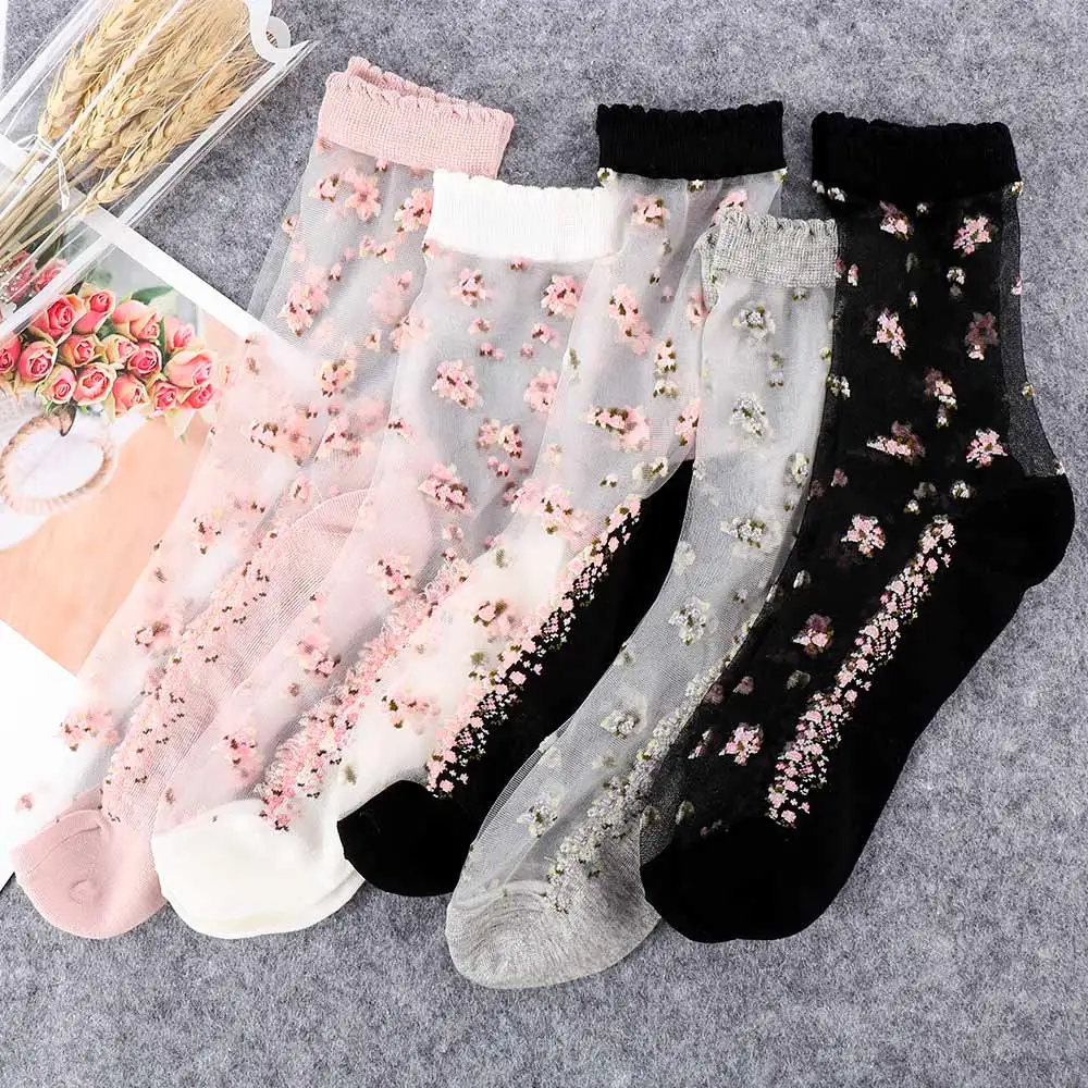 Top Trends: 1 Pair Breathable Ultra Thin Socks Summer Women Transparent Lace Silk Crystal Rose Flower Girls Elastic Short Socks Female Sox Shoppable Styles - Image 3