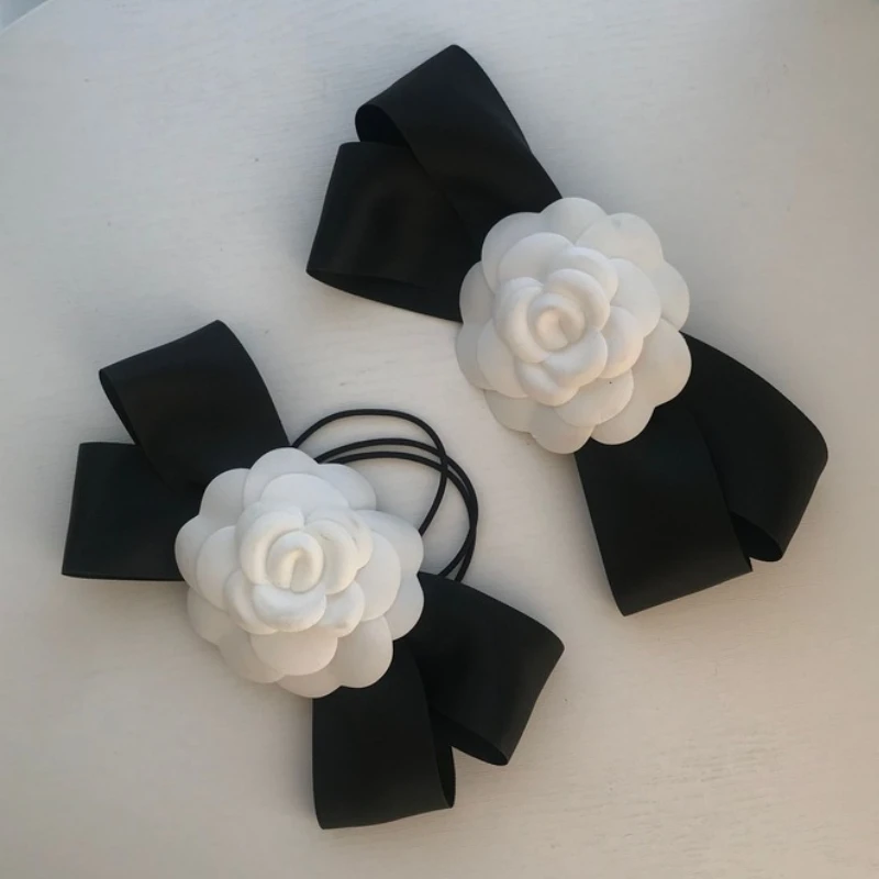 Top Trends: Temperament Camellia Bow Hair Ring Pins White Fabric Sweet Rope Clip Elastic Rubber Band Barrettes Ins For Women Girls Shoppable Styles