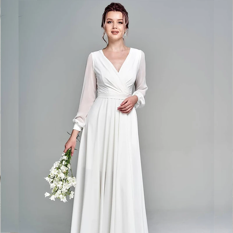 Top Trends: Simple Long Sleeve Chiffon Wedding Dress Beach V-Neck Side Slit Floor Length Sashes For Bride Robe De Mariee Zipper Cheap Shoppable Styles