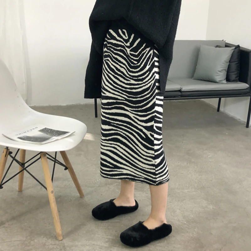 Top Trends: Zebra Print Korean Autumn Knitted Skirts Women Elastic Waist Long Midi Skirt Vintage Straight Pencil Skirt Knitwear Split M083 Shoppable Styles