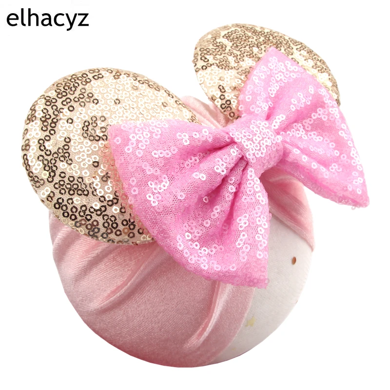 Top Trends: Classic Mouse Ears Velvet Head Wrap 5'' Sequins Bow Turban Girls Glitter Elastic Headband Infant Beanie Cap Kids Hair Accessory Shoppable Styles