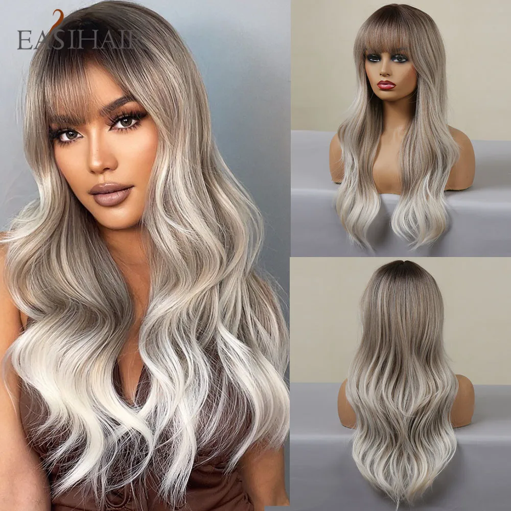 Top Trends: EASIHAIR Ombre Gray Ash Wavy Wigs With Bang Light Blonde Platinum Synthetic Long Hair For Women Daily Party Heat Resistant Fiber Shoppable Styles