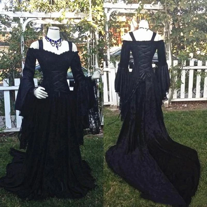 Top Trends: Long Sleeves Gothic Black Wedding Dresses Off Shoulder Lace Corset Vintage Medieval Renaissance Victorian Formal Bridal Gowns Shoppable Styles