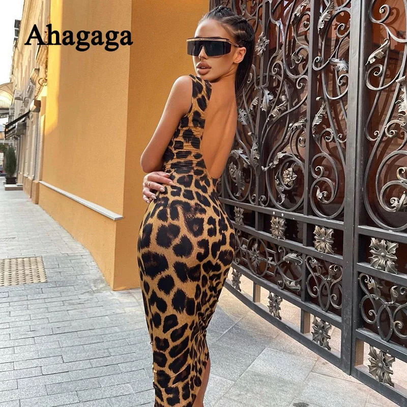 Top Trends: AHAgaga 2022 Sexy Leopard Print Dress Women Fashion Backless Sheath Bodycon Prom Gown Sleeveless Female Party Dress Vestido Robe Shoppable Styles