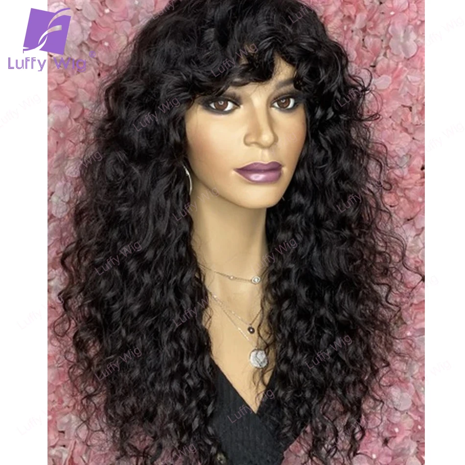 Top Trends: Loose Curly Human Hair Wigs With Bangs Brazilian Remy O Scalp Top Ready To Wear Glueless Wig For Black Women 200Density Luffywig Shoppable Styles