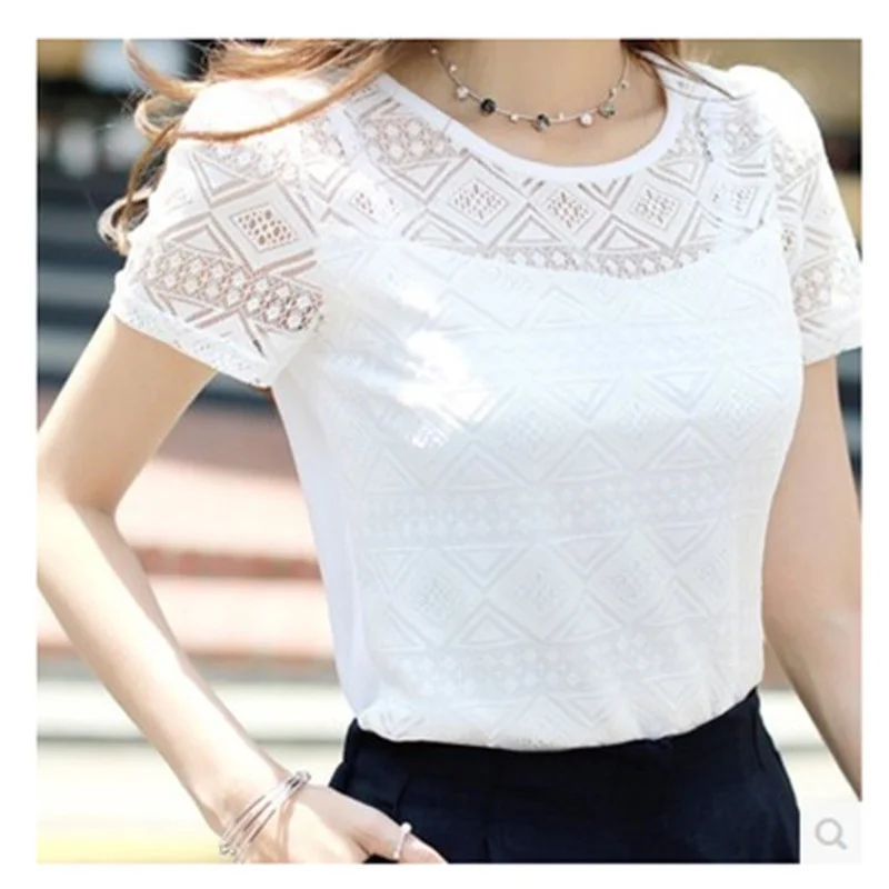 Top Trends: Summer Blouse Women White Lace Short Sleeve Plus Size Korean Crochet Round Neck Hollow Out Tops Shirt Camisas Femininas Qz* Shoppable Styles