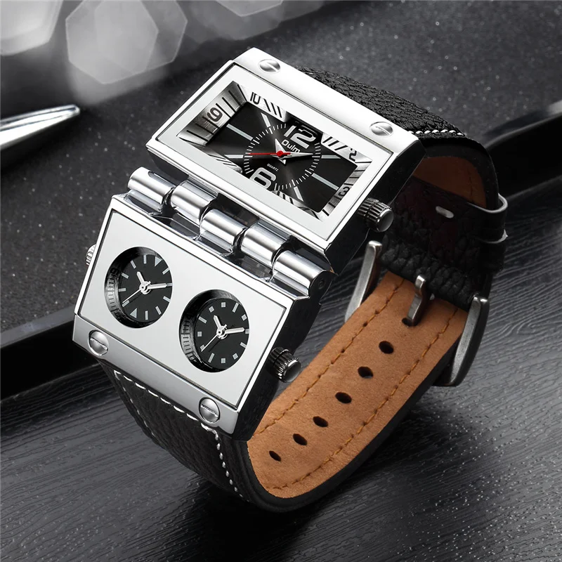 Top Trends: OULM 9525 Big Unique Design Male Watch Three Time Zone Unique Men's Military Watches Punk Style Leather Strap Wristwatch Shoppable Styles