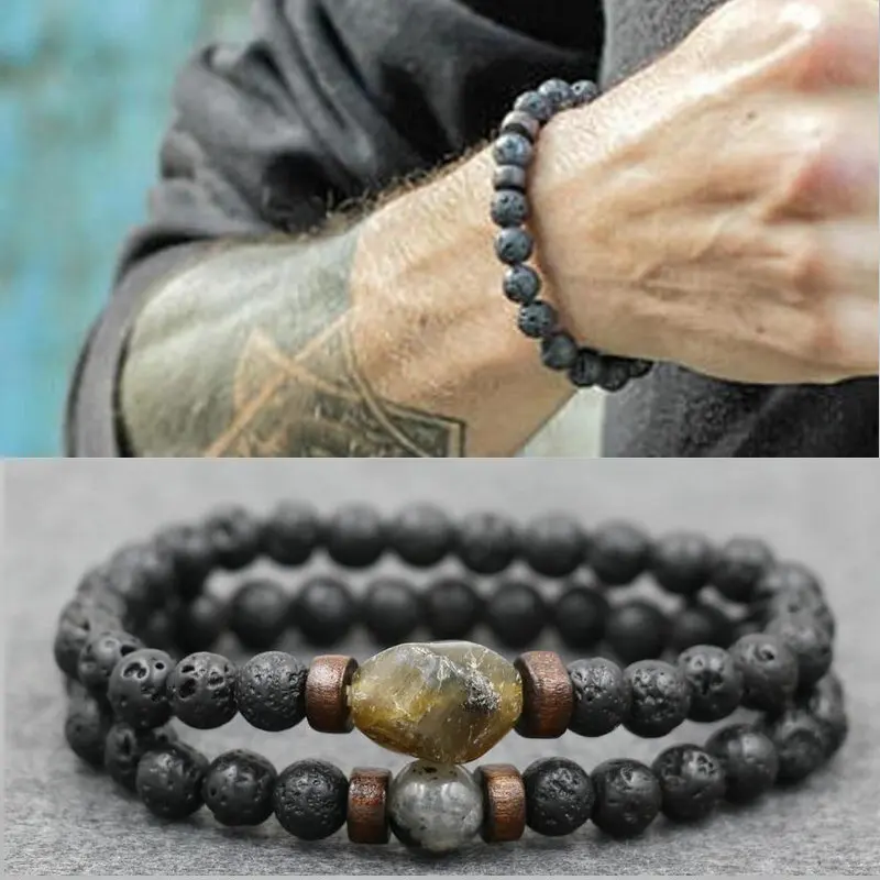 Top Trends: Trend Men's Bracelet Lava Stone Labradorite Moonstone Beads Bracelet Chakra Yoga Wood Bead Bracelet For Men Jewelry Bileklik Shoppable Styles