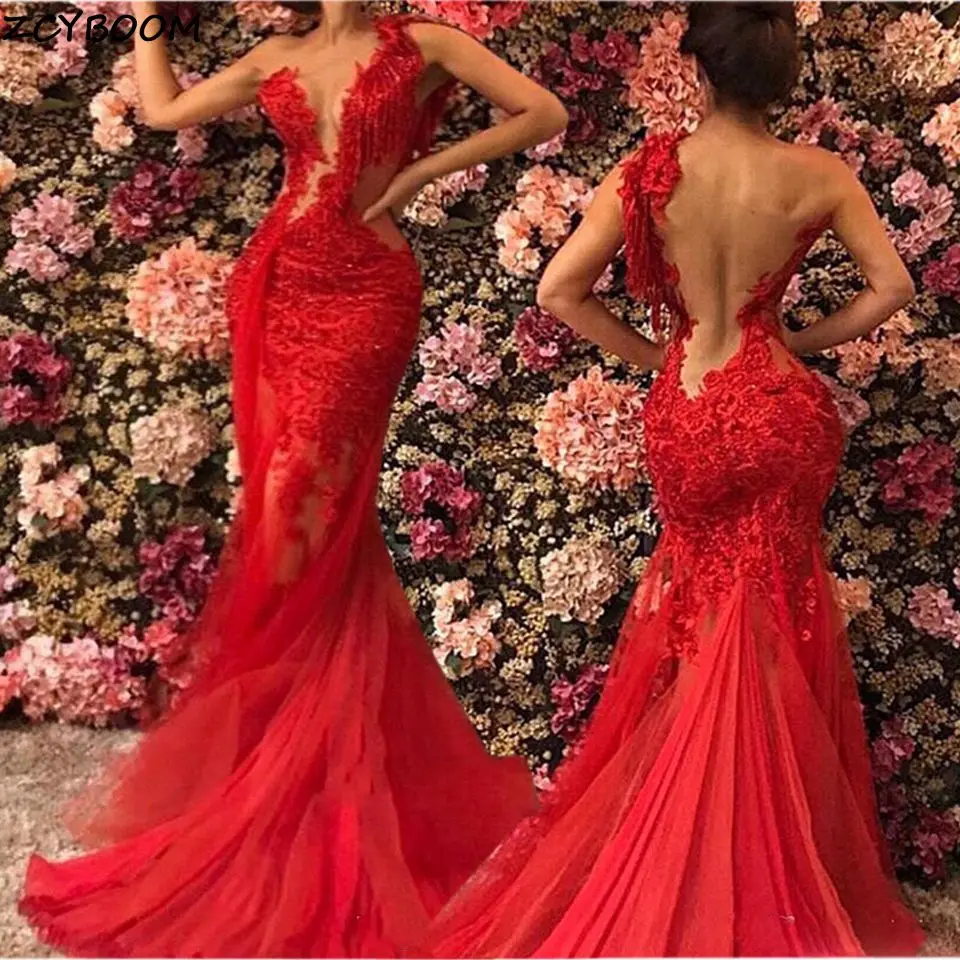 Top Trends: Red Mermaid Evening Dresses 2023 Sexy Women Formal Party Night Elegant Lace Appliques Sleeveless One-Shoulder Long Prom Gowns Shoppable Styles