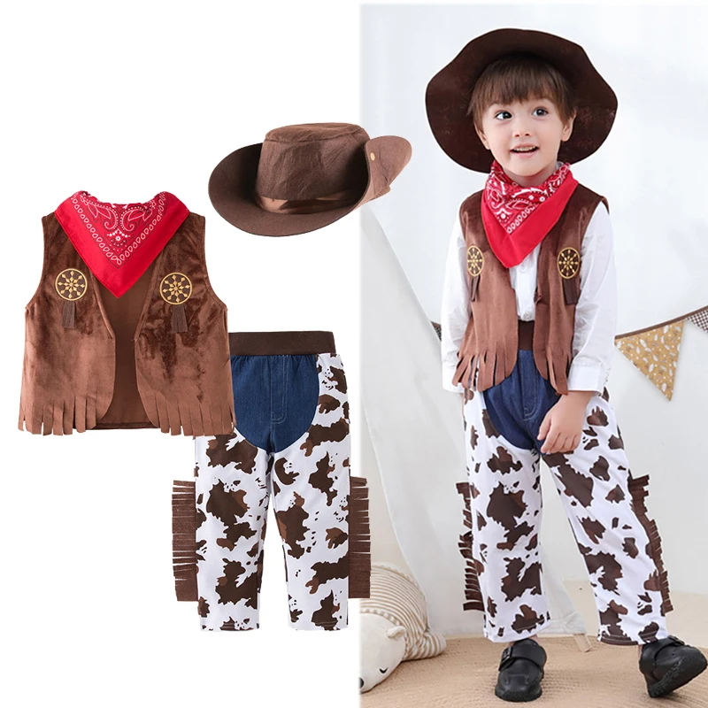 Top Trends: Baby Clothes Boys Cowboy Costume For Kids Children Cosplay Clothing Sets Vest+ Trousers Pants+ Scarf+ Hat 4pcs Toddler Outfits Suit Shoppable Styles