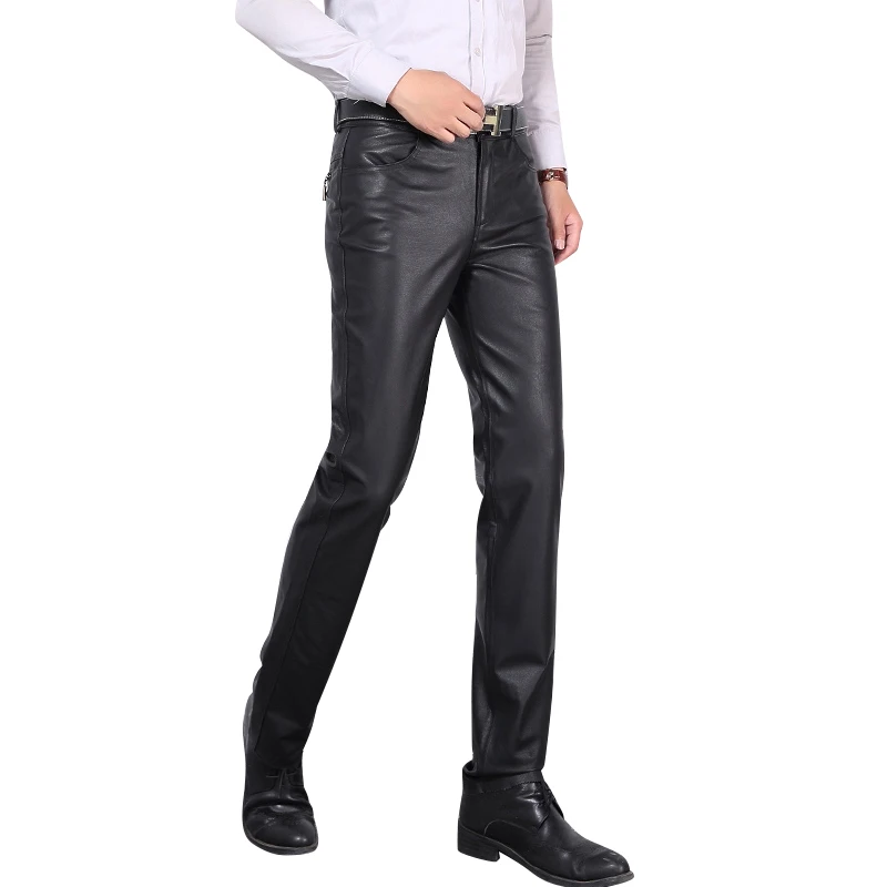 Top Trends: Men's Full Length Leather Pants, Windproof, Warm, Sheepskin, Black Motorcycle Pants, Thick Trousers, Spring And Autumn Shoppable Styles