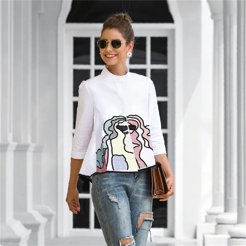 Top Trends: , New Style, 2021 Summer And Spring Casual Fashion Women&#039;s Shirts, Embroidered Three-quarter Sleeve Shirts, Women&#039;s Tops Shoppable Styles