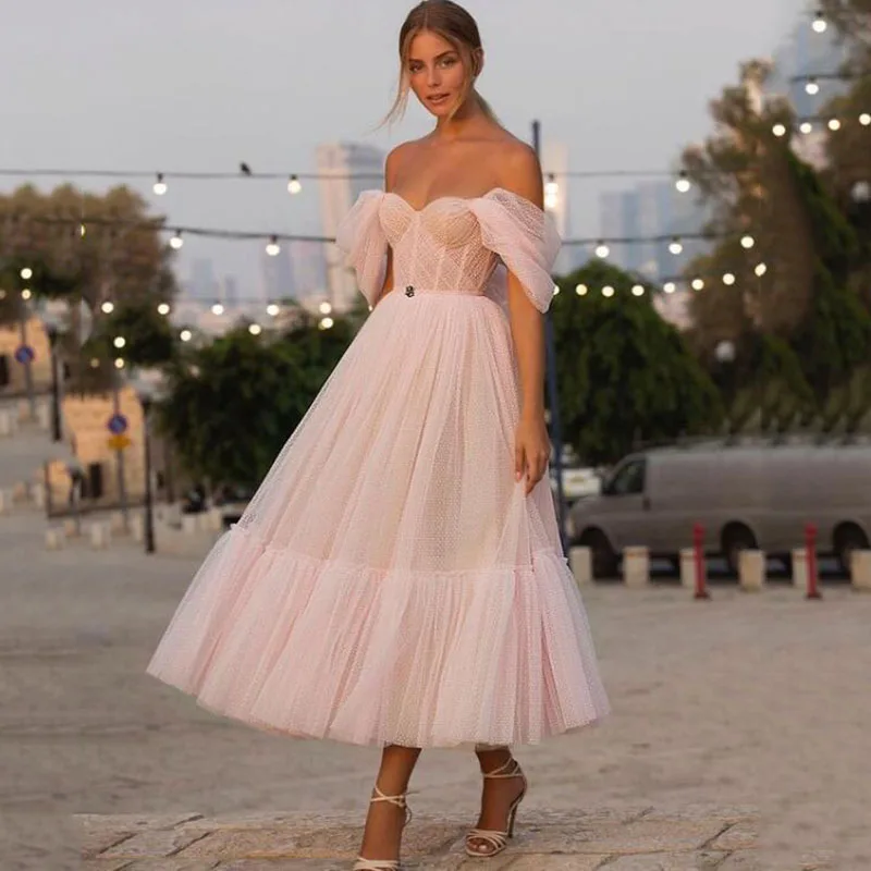 Top Trends: LORIE Blush Pink Off The Shoulder Dot Tulle Short Wedding Dress A Line Sweetheart Elegant Tea Length Bride Gown Party Dresses Shoppable Styles