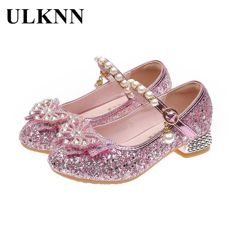 Top Trends: Princess Girls High Heels New 2023 Children With Blue Dance Single Girl Crystal Shoes Bowknot Rhinestone Beaded Leather Shoes Shoppable Styles