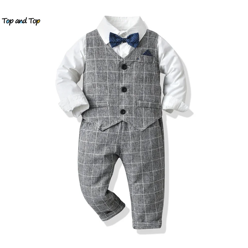 Top Trends: Top And Top Boys Casual Clothing Sets Kids Formal Outfit Long Sleeve White Bowtie Shirt+ Plaid Vest+ Pants 3Pcs Boy Suits Wedding Shoppable Styles