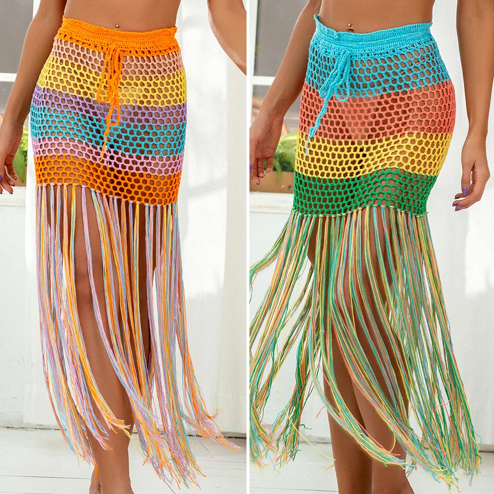 Top Trends: Women's Beach Cover-up Fashion Tunic Bandage Bathing Suits Crocheted Rainbow Print Hollow Out Fringe Bikini Skirt Dress Shoppable Styles