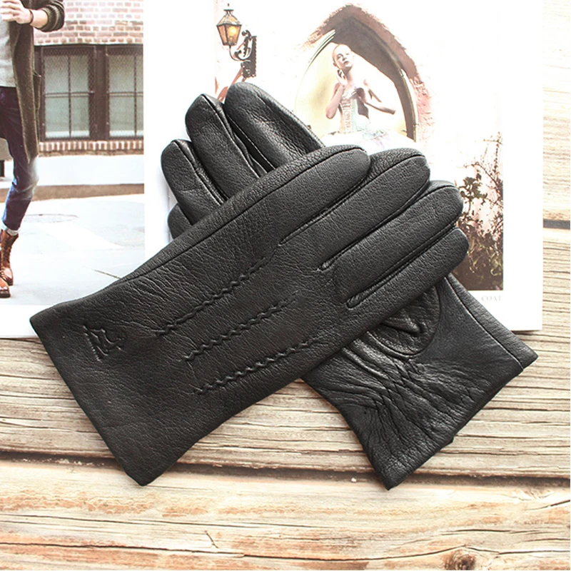 Top Trends: New Men Black Genuine Leather Gloves Fashion Hand-sewn Deerskin Outdoor Cycling Driving Boutique Brief Paragraph Manicure Shoppable Styles - Image 2