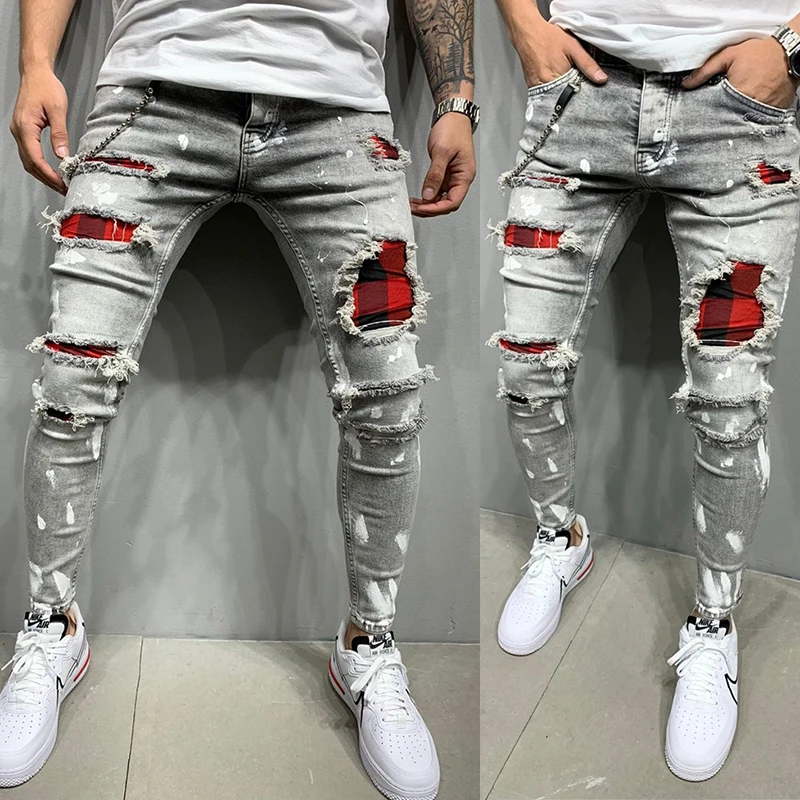 Top Trends: Men&#039;s Skinny Ripped Jeans Plaid Patchwork Denim Trousers Hip-Hop Print Jogging Pencil High Quality Denim Men Pants Shoppable Styles