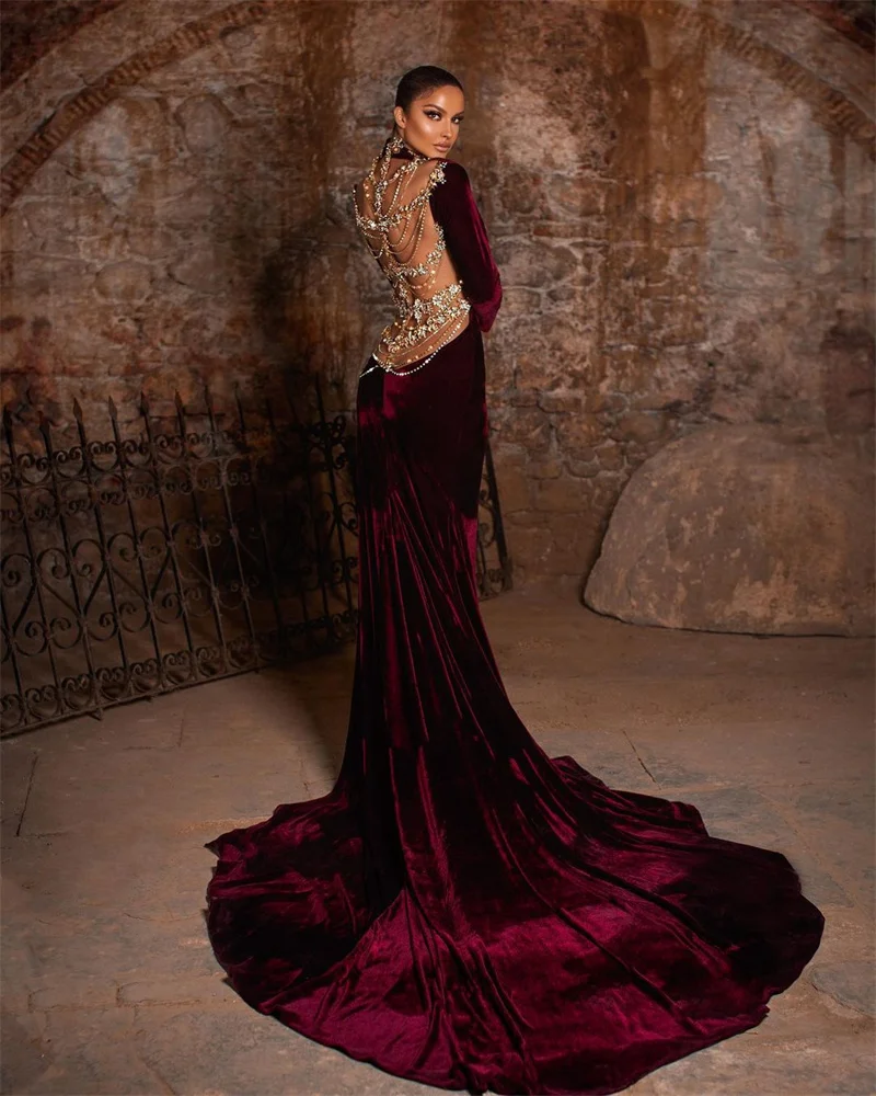 Top Trends: Dark Red Velvet Prom Dresses High Neck Long Sleeves Evening Dress Custom Made Beads Side Split Glitter Party Gown Shoppable Styles