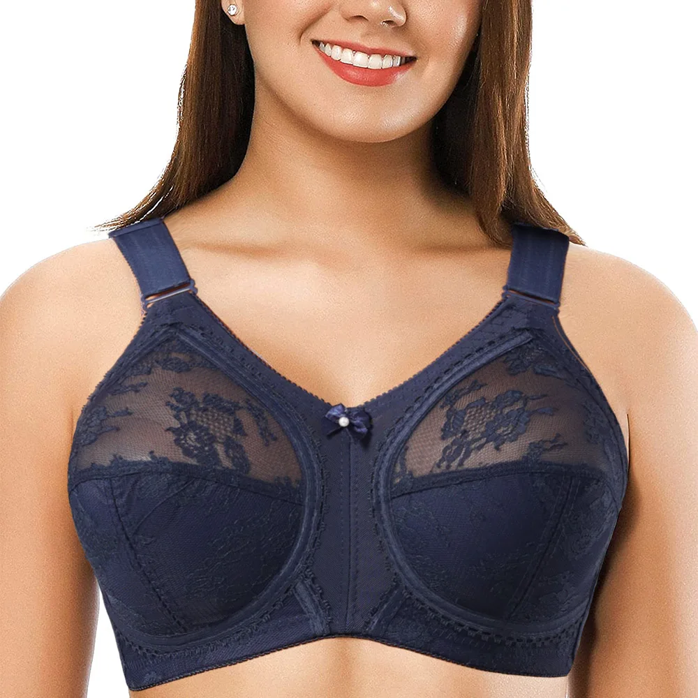 Top Trends: Sexy Blue Lace Mesh Bra Women Wire Free Embroidery Sexy Lingerie Lace Bralette Big Size B C D E F G H I 36 38 40 42 44 46 48 50 Shoppable Styles