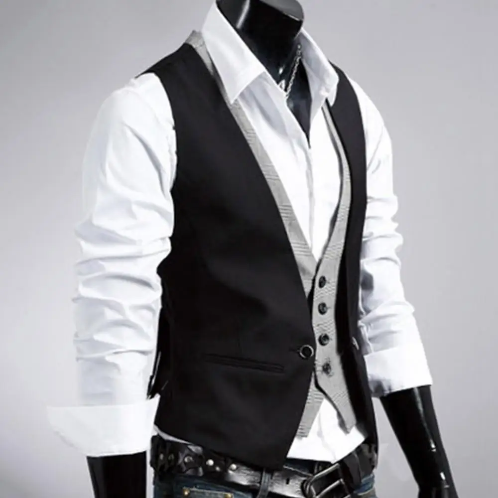 Top Trends: Men Formal Waistcoat Vest Business Solid Color Single Button Vest Gilet Fake Two-pieces V Neck Casual S-lim Chalecos Para Hombre Shoppable Styles