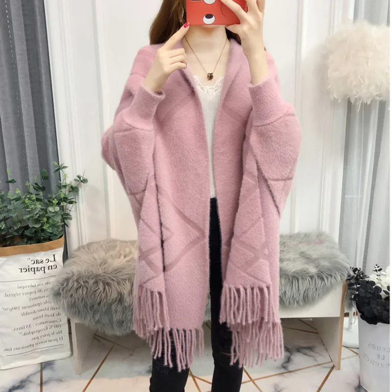 Top Trends: #4016 Autumn Winter Mink Cashmere Ponchos And Capes Women Warm Thick Cardigan Kimono Shawls And Wraps Femme Pink Beige Khaki Shoppable Styles