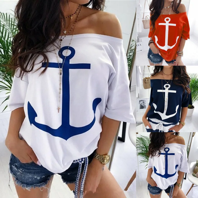 Top Trends: Boat Anchor Print Summer T Shirt Sexy Off Shoulder Half Sleeve Women's Casual Loose T-shirt White Red Plus Size S-5XL Tees Tops Shoppable Styles