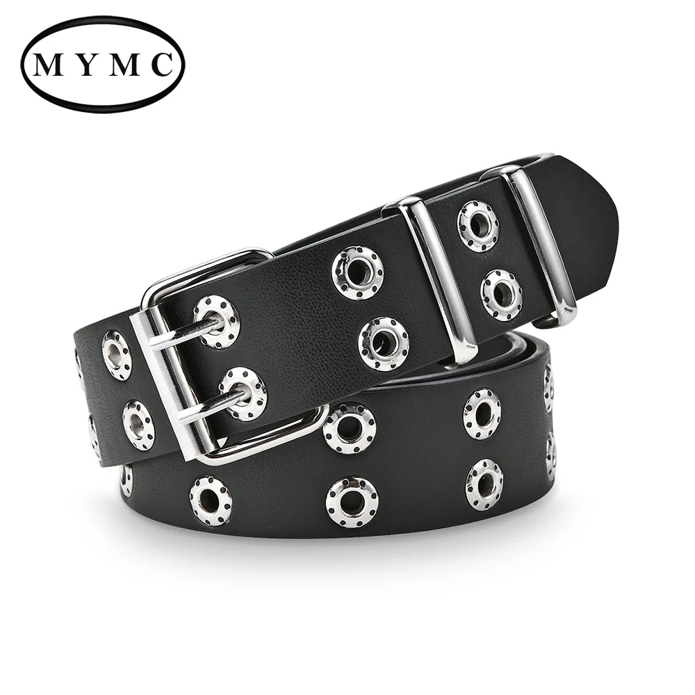 Top Trends: Fashion Men Women Punk Style Belt Adjustable Black Double Eyelet Grommet Metal Buckle Leather Waistband For Jeans Shoppable Styles