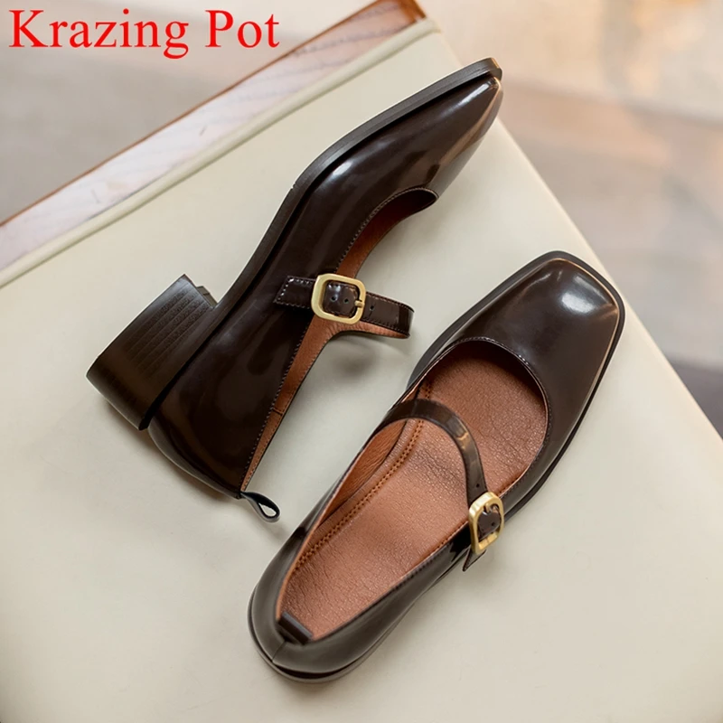 Top Trends: Krazing Pot 2024 Genuine Leather Square Toe Med Heel Spring Shoes Mature Sweet Dating Buckle Strap Mary Janes Women Pumps L3f4 Shoppable Styles