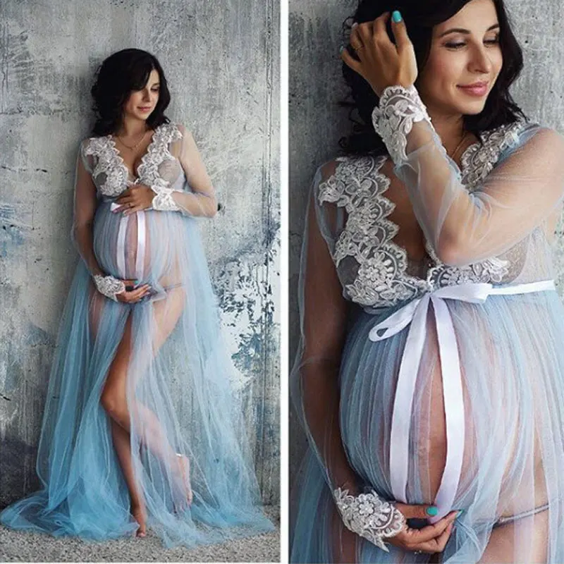 Top Trends: Maternity Dresses For Photo Shoot One-piece Lace Pregnancy Photography Clothes Mopping Dress For Pregnant Front Split Net Yarn Shoppable Styles