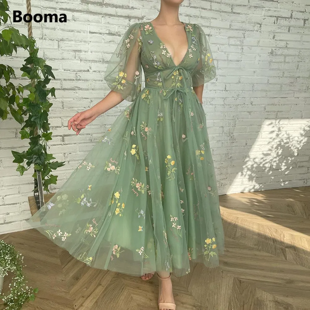 Top Trends: Booma Green Embroidery Lace Midi Prom Dresses Deep V-Neck Half Sleeves Tea-Length Tulle Wedding Party Dresses Formal Gowns 2022 Shoppable Styles