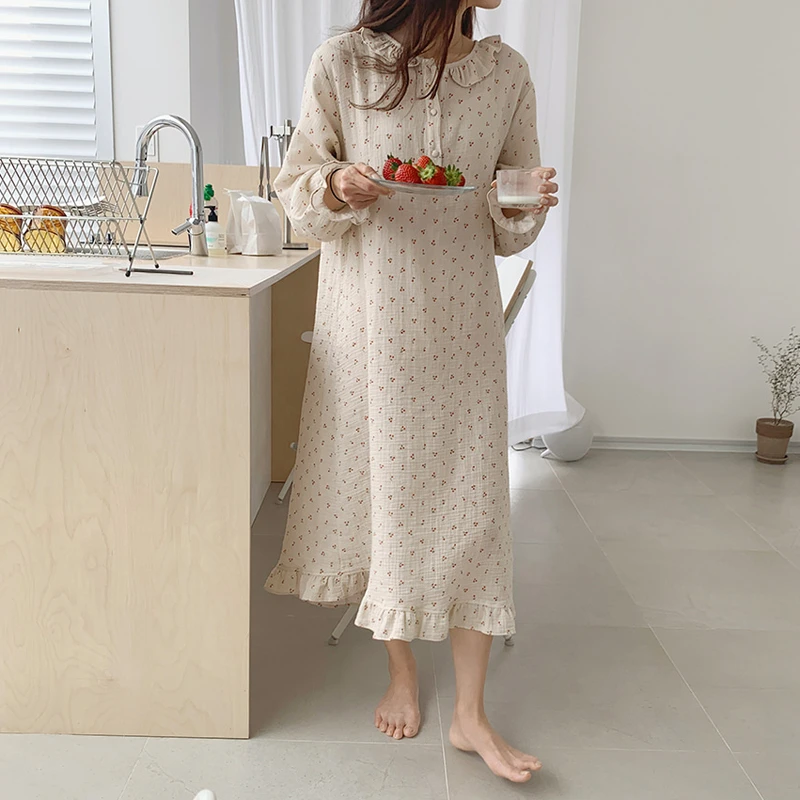 Top Trends: Ruffles Sleep Dress Women Long Sleeve Kawaii Cherry Print Korean Sleepwear Homewear Long Dress Autumn Elegant Casual Loose A001 Shoppable Styles