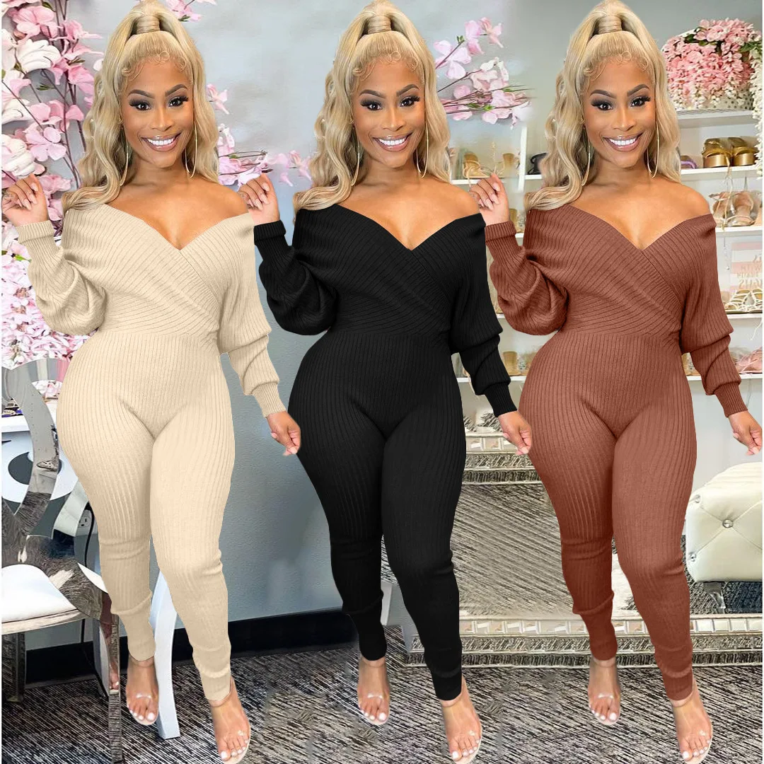 Top Trends: Classy Casual Winter Clothing Off Shoulder Ribbed V Neck Rompers Women Bodycon Jumpsuit 2022 Shoppable Styles