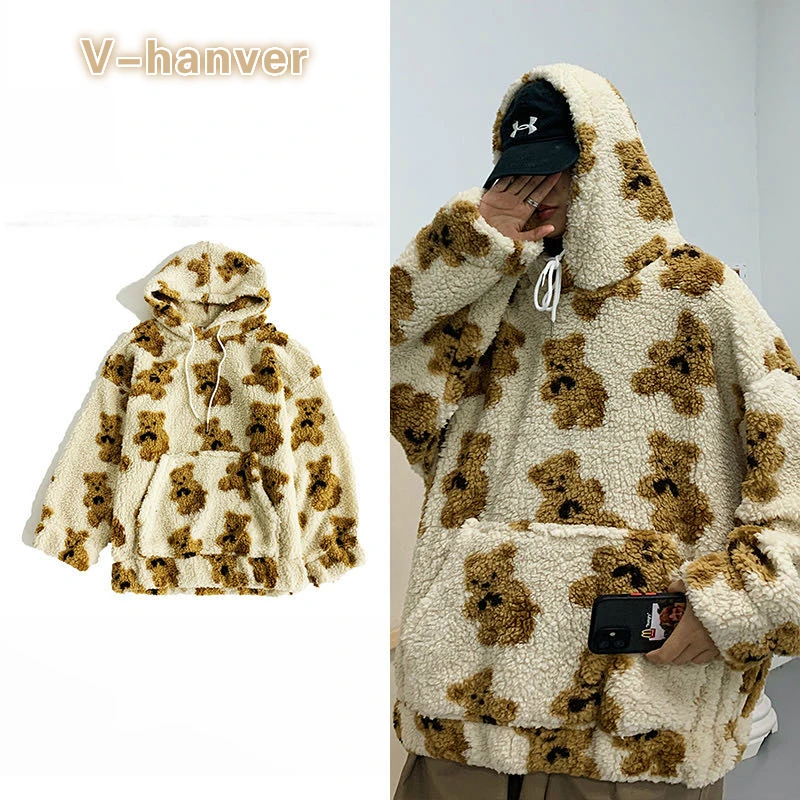 Top Trends: V-hanver Little Bear Pattern Furry Hoodie 2020 Winter Warm Plush Sweet Pullovers Woman Vintage Korean Style Loose Sweatshirt Shoppable Styles