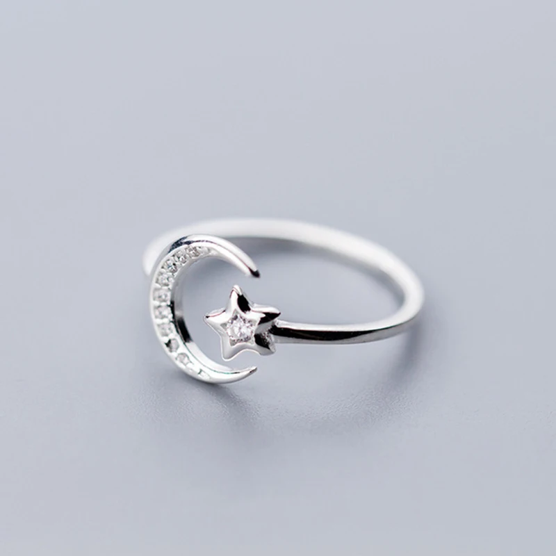 Top Trends: Real 925 Sterling Silver Minimalist Zircon Moon Star Opening Ring For Charming Women Party Fine Jewelry Cute 2019 Gift Shoppable Styles