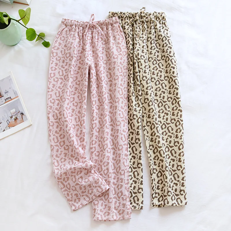 Top Trends: 2024 Spring And Summer New Ladies Pants 100% Cotton Crepe Leopard Print Pajamas Sweat-absorbent Breathable Home Pants Trousers Shoppable Styles