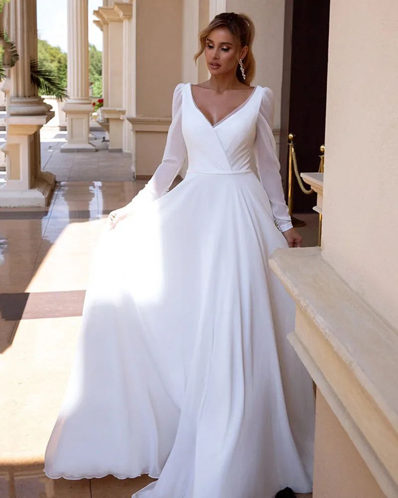 Top Trends: Elegant V-Neck Chiffon Wedding Dress Long Sleeves Simple Wedding Gowns 2021 Backless Bridal Gown For Women Robe De Mariee Shoppable Styles