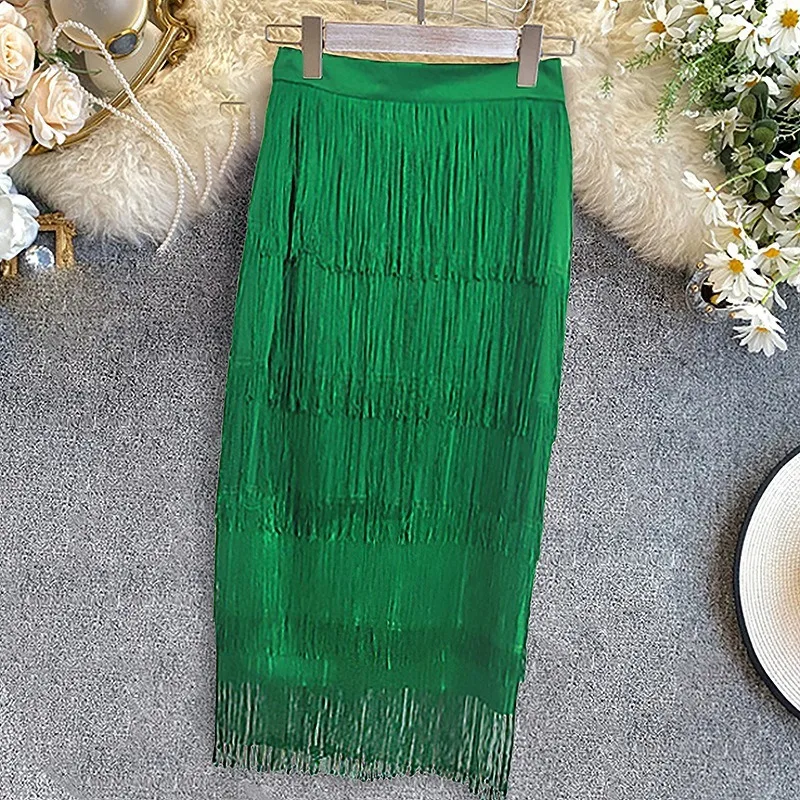 Top Trends: Green Patchwork Tassel Women Skirt High Waisted Bodycon Midi Robes Plus Size Elastic Skirts South Africa Ladies Slim Jupe Shoppable Styles