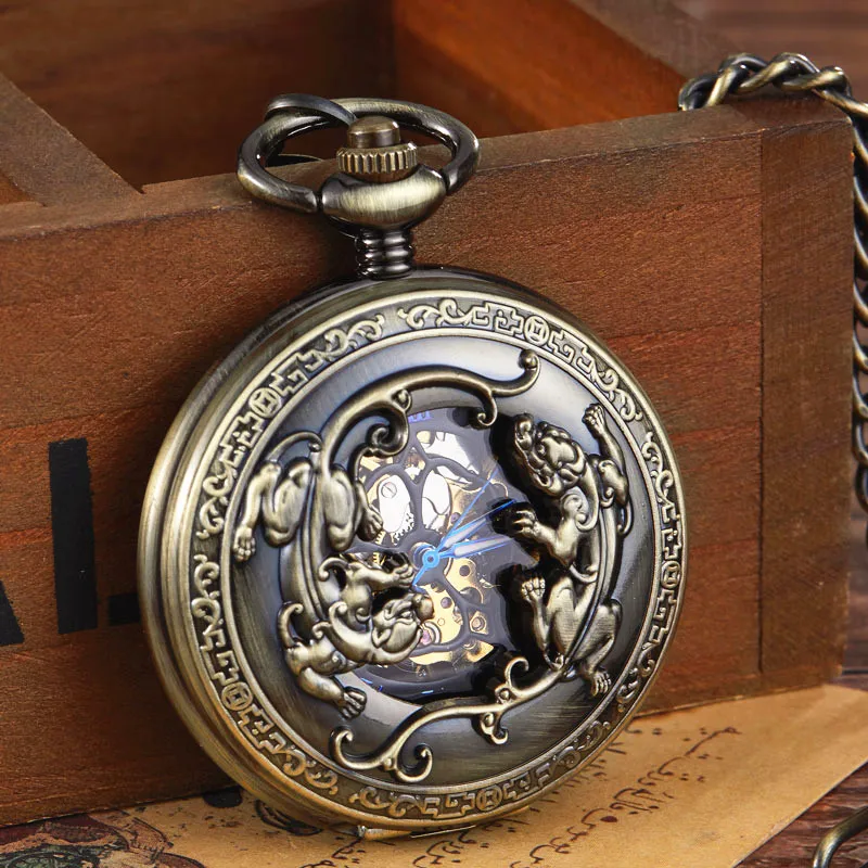 Top Trends: New Arrival Bronze Steel Retro Steampunk Skeleton Designe Two Lizard Mechanical Pocket Watch Hand Wind Men Watch FOB Chain Clock Shoppable Styles