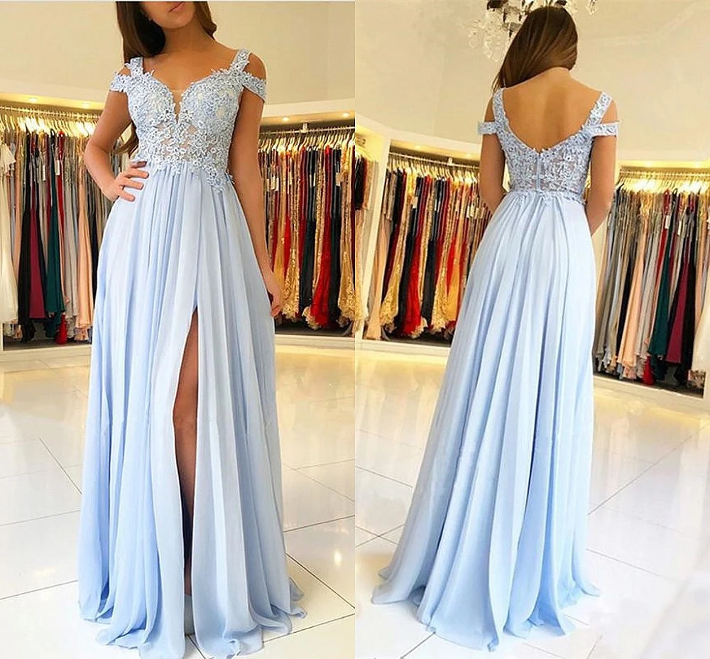 Top Trends: Sky Blue Bridesmaid Dresses Long Side Split Off Shoulder Lace Appliques Prom Party Gowns Wedding Guest Maid Of Honor Dresses Shoppable Styles