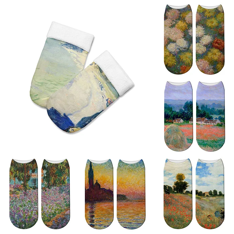 Top Trends: Fashion 3D Retro Painting Art Monet Socks Women Funny Personality Novelty Happy Socks Casual Ankle Cotton Calcetines Mujer Shoppable Styles