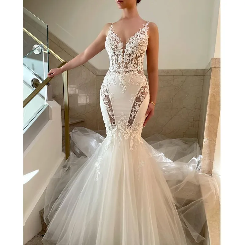 Top Trends: KapokDressy Fashionable Backless Mermaid Wedding Dresses V Neck Spaghetti Strap Lace Bridal Gown Sweep Train Vestido De Novia Shoppable Styles