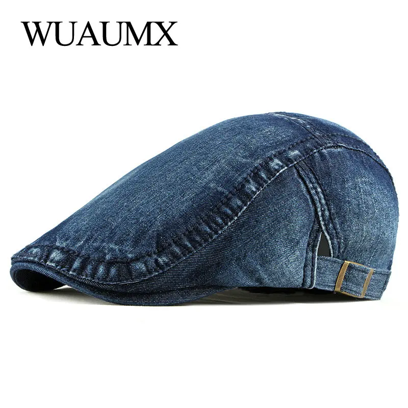 Top Trends: Wuaumx Simple Washed Denim Berets Hat Men Women Spring Summer Peaked Flat Cap Artist Duckbill Hat Casual Herringbone Newsboy Cap Shoppable Styles