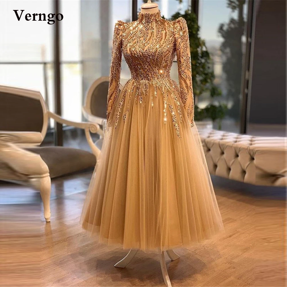 Top Trends: Verngo High Neck Gold Prom Dresses Tea Length Long Sleeves Tulle Vintage Formal Party Gowns Lace Applique Beads Evening Dress Shoppable Styles